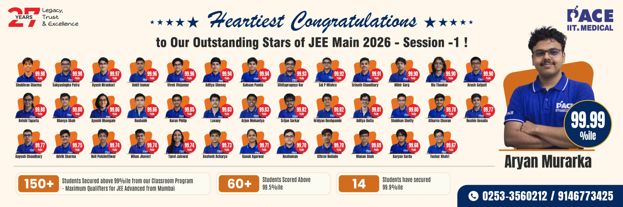 PACE IIT & Medical JEE Main 2026 Session 1 toppers — Aryan Murarka 99.99 percentile; 150+ students above 99 percentile from the classroom programme, 60+ above 99.5 percentile, 14 at 99.9 percentile