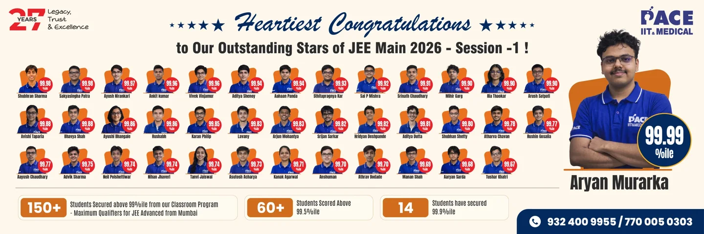 PACE IIT & Medical JEE Main 2026 Session 1 toppers — Aryan Murarka 99.99 percentile; 150+ students above 99 percentile from the classroom programme, 60+ above 99.5 percentile, 14 at 99.9 percentile