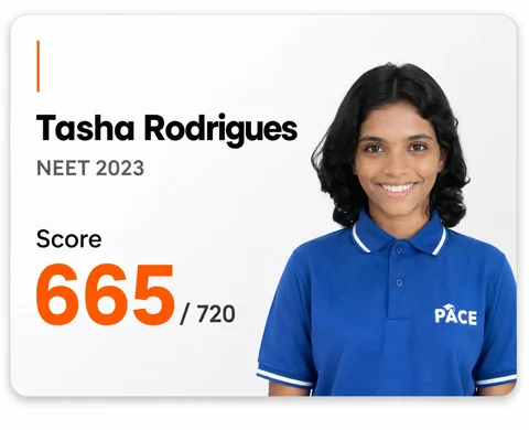 Tasha Rodrigues — NEET 2023, Score 665 / 720 (PACE IIT & Medical result artwork)